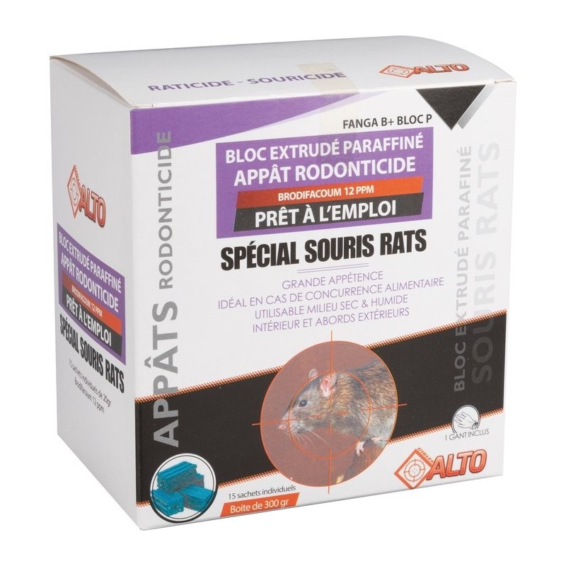 Appât raticide souricide blocs Brodifacoum Alto - 15 sachets 20 g