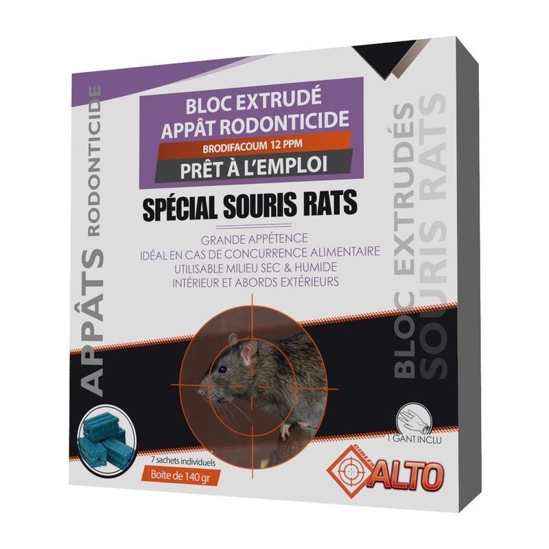 Appât raticide souricide blocs Brodifacoum Alto - 7 sachets 20 g