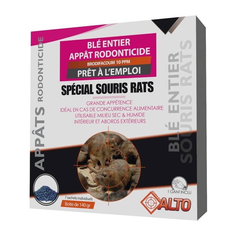 Appât raticide souricide grain de blé entier Brodifacoum Alto - 7 sachets de 20 g