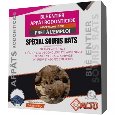 Appât raticide souricide grain de blé entier Brodifacoum Alto - 7 sachets de 20 g