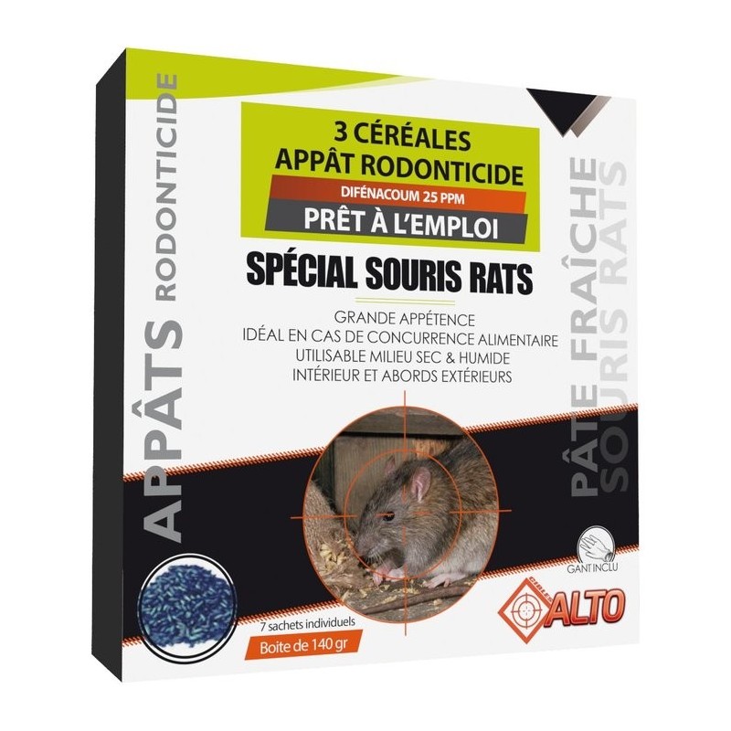 Appât raticide souricide mulocide multicéréales Alto - 7 sachets 20 g