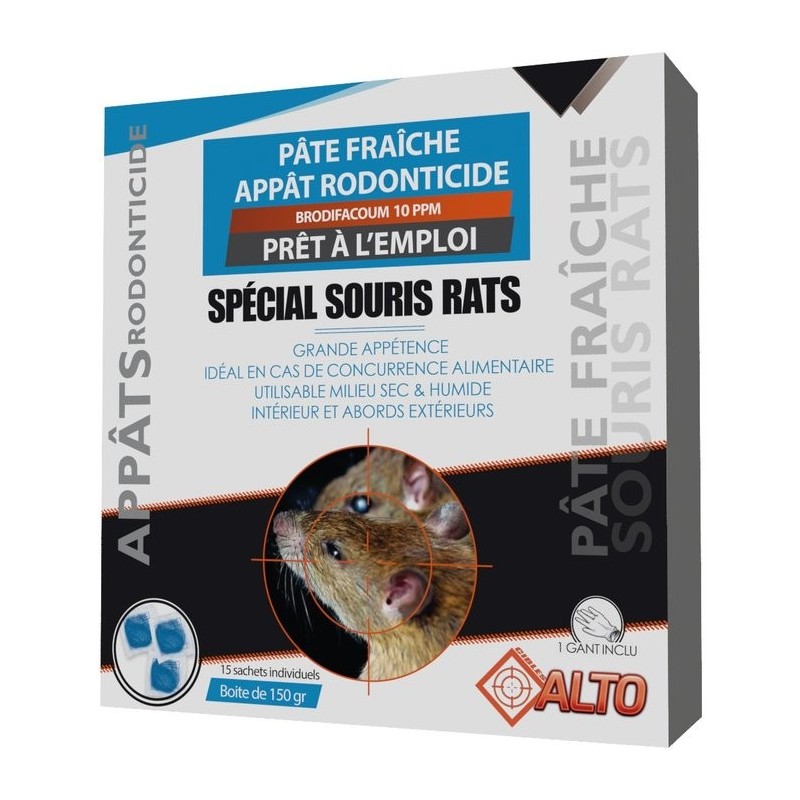 Appât raticide souricide pâtes fraîches Brodifacoum Alto - 15 sachets 10 g