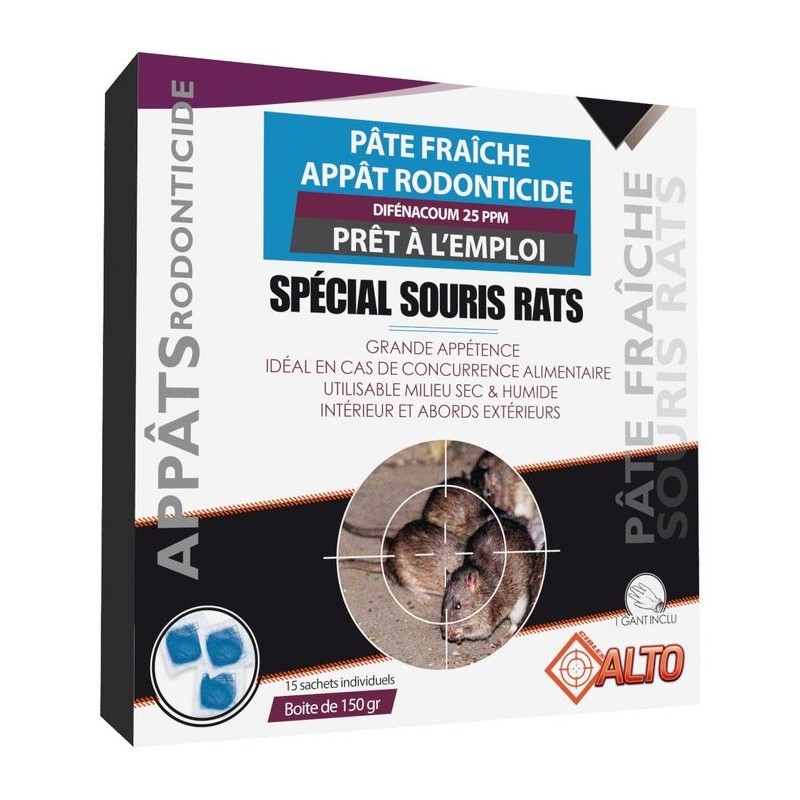 Appât raticide souricide pâtes fraîches Difénacoum Alto - 15 sachets 10 g