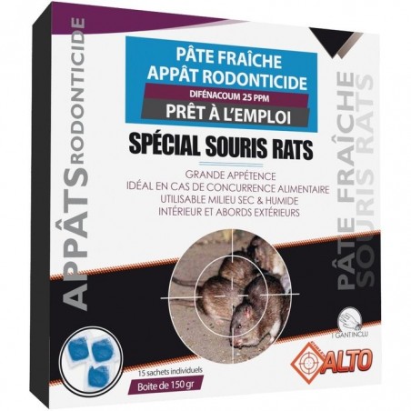 Appât raticide souricide pâtes fraîches Difénacoum Alto - 15 sachets 10 g