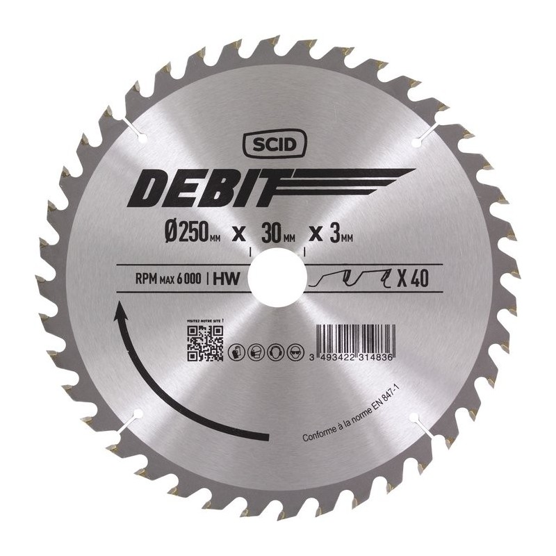 Lame au carbure pour scie à onglet SCID - Epaisseur 3 mm - 40 dents - Diamètre 250 mm - Alésage 30 mm