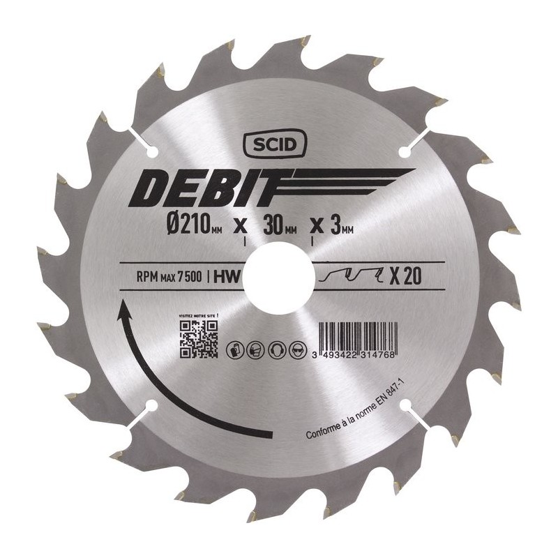 Lame au carbure pour scie circulaire SCID - Epaisseur 3 mm - 20 dents - Diamètre 210 mm - Alésage 30 mm