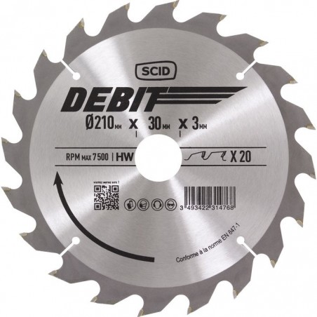 Lame au carbure pour scie circulaire SCID - Epaisseur 3 mm - 20 dents - Diamètre 210 mm - Alésage 30 mm