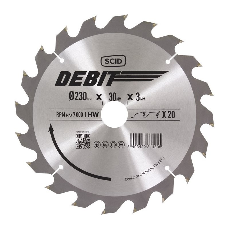 Lame au carbure pour scie circulaire SCID - Epaisseur 3 mm - 20 dents - Diamètre 230 mm - Alésage 30 mm