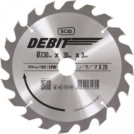 Lame au carbure pour scie circulaire SCID - Epaisseur 3 mm - 20 dents - Diamètre 230 mm - Alésage 30 mm